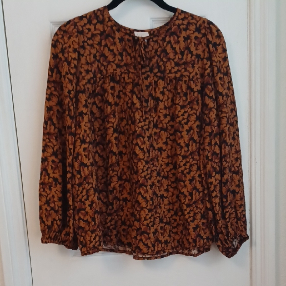 A New Day Brown And Black Leaf Print Popover Blouse